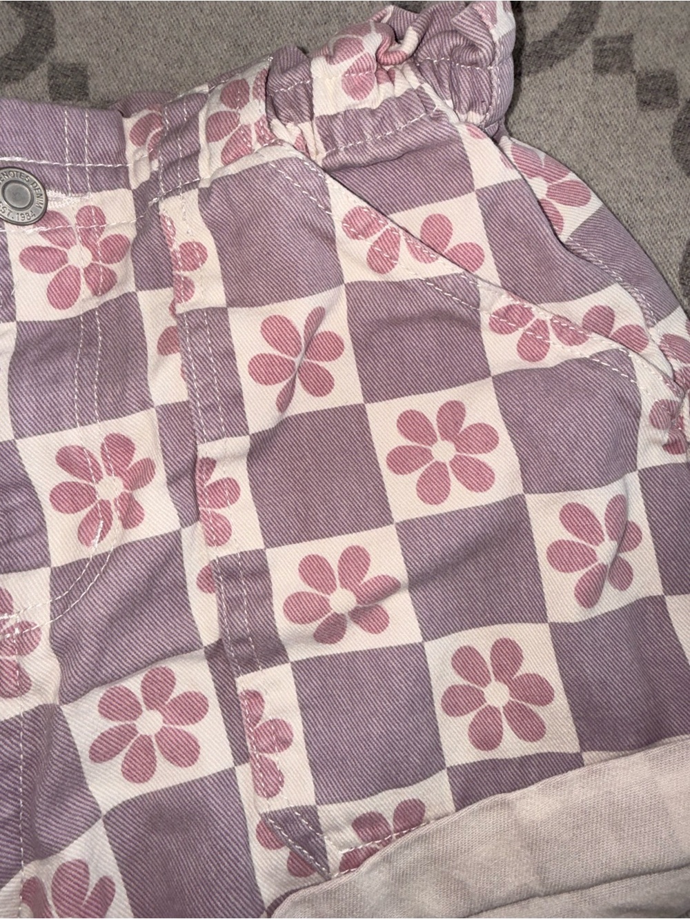 Lavender Floral Checker High Rise Paperbag Denim Shorts - Picture 3 of 10